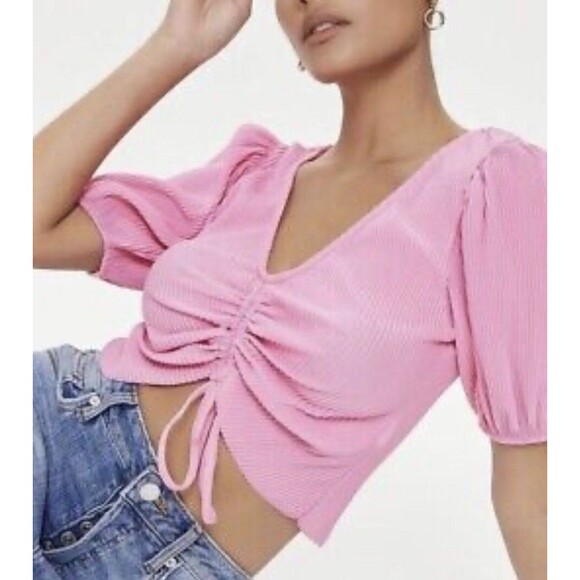 Zara Crop Top Puff Sleeve Size Small Rouched Tie Front Crinkle Barbiecore - Picture 1 of 11